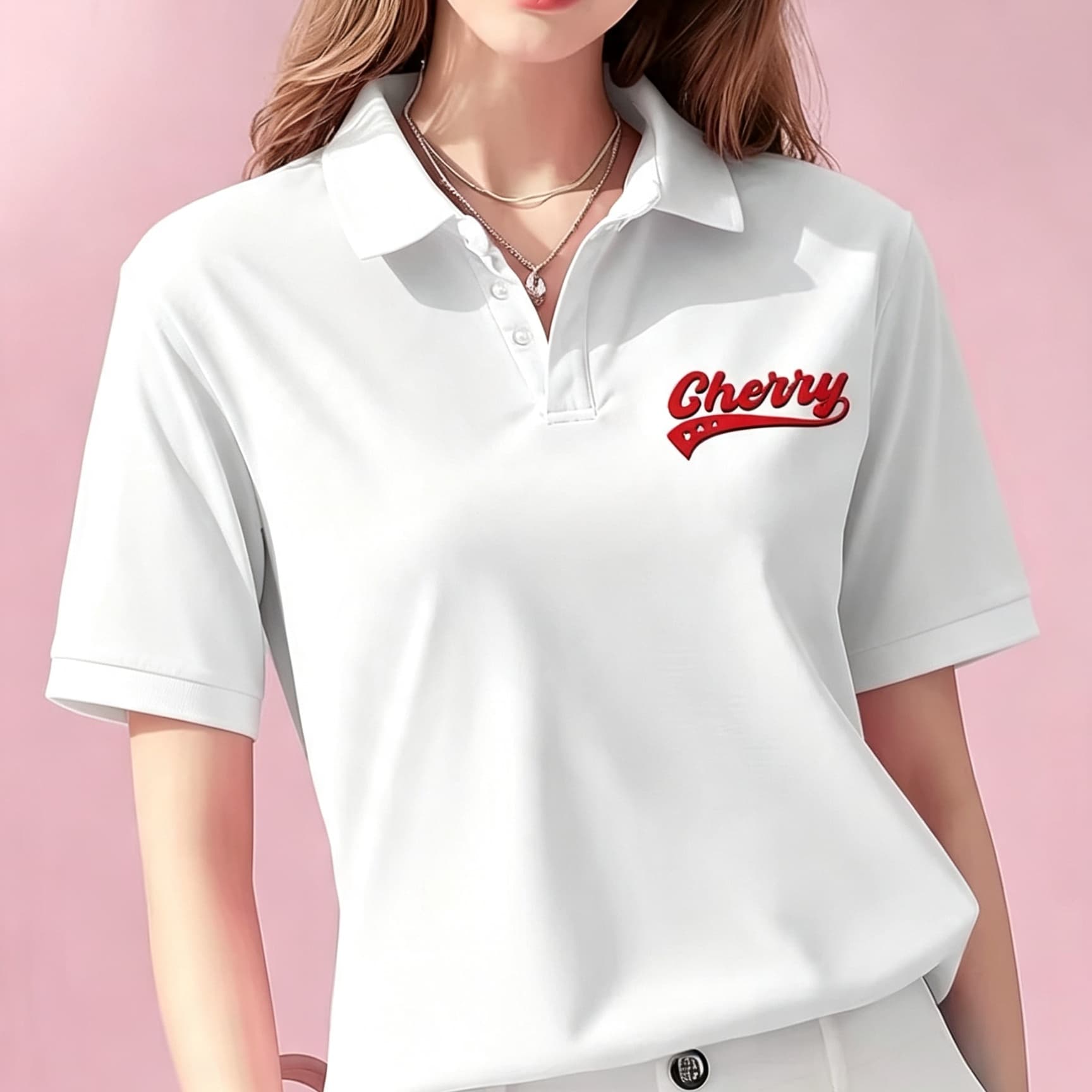 Men'S Polo Formal Wear - เสื้อโปโลสีขาวลำลองแบบยูนิเซ็กส์ ลายตัวอักษรเชอร์รี่สีแดงสุดเก๋ แขนสั้น ทรงหลวม ระบายอากาศได้ดี เหมาะสำหรับสวมใส่ทุกวันในทุกฤดูกาล