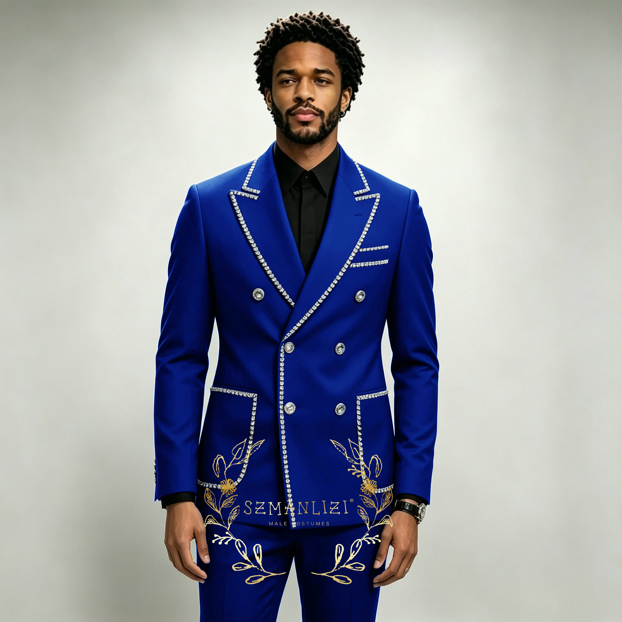 Men'S Formal Wear In Wedding - ชุดสูทผู้ชายสุดหรู 2 ชิ้น สีน้ำเงินรอยัล ประดับคริสตัล ปกแหลม