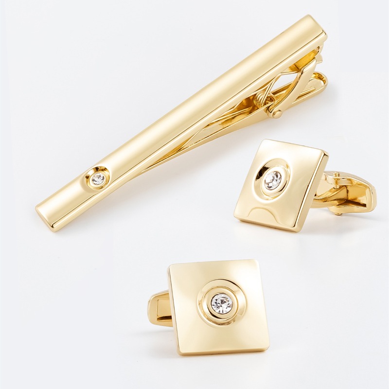 Cufflinks Silver Set - ชุดกระดุมข้อมือและคลิปหนีบเนคไททรงสี่เหลี่ยมประดับเพชรซิคอน สีทองเงิน สไตล์หรูหรา วัสดุอัลลอยด์ สำหรับผู้ชาย กระดุมข้อมือแบบฝรั่งเศส