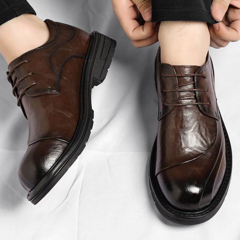 Men'S Formal Wear In Wedding - รองเท้าหนังแท้สีน้ำตาลขัดเงา แบบผูกเชือก พื้นหนา สำหรับงานทางการ ธุรกิจ สำนักงาน