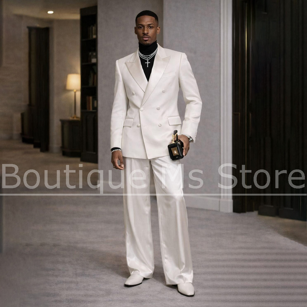 Men'S Formal Wear In Wedding - ชุดสูทผู้ชายสีขาวผ้าซาติน 2 ชิ้น แบบกระดุมสองแถว ปกแหลม ทรงทันสมัยเข้ารูป