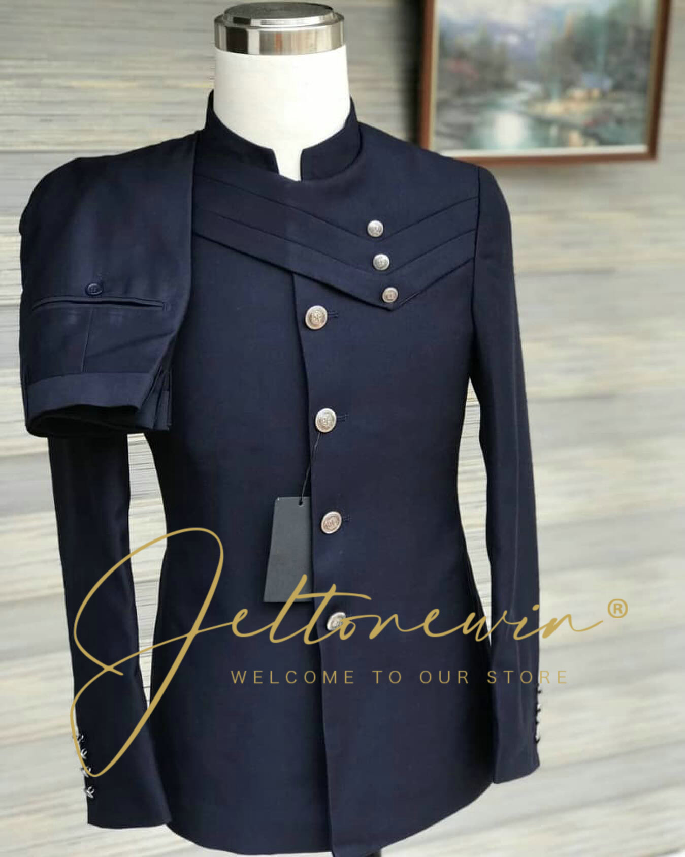 Men'S Formal Wear In Wedding - ชุดสูทสีน้ำเงินกรมท่าสำหรับผู้ชาย สไตล์ทหาร ปกตั้ง ดีไซน์กระดุมไขว้ ทรงเข้ารูป สำหรับงานแต่งงาน