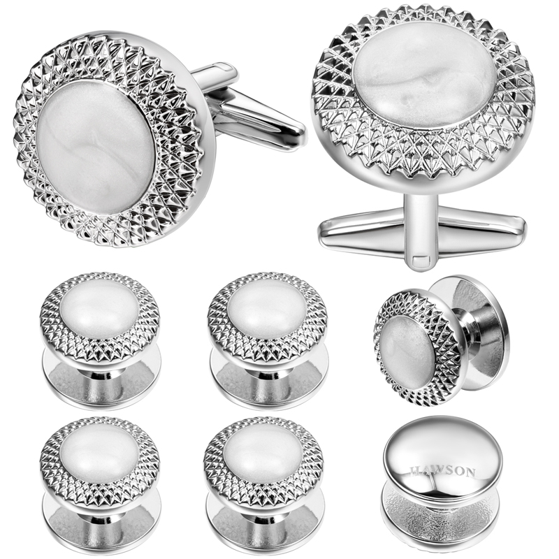 Cufflinks Silver Set - ชุดกระดุมข้อมือและกระดุมเสื้อแบบฝังเปลือกหอยโอปอลชุบเงิน HAWSON สำหรับผู้ชาย ชุดสูททางการสำหรับงานแต่งงานและเสื้อเชิ้ต