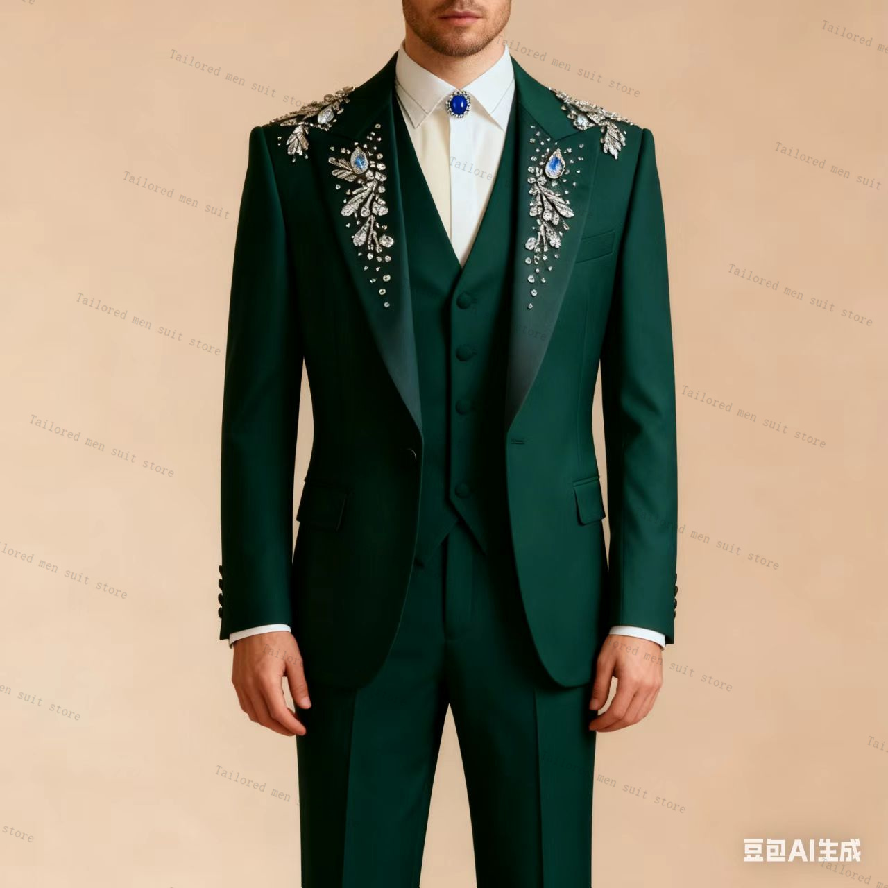 Men Formal Wear Wedding Guest - ชุดสูทสีเขียวสำหรับผู้ชาย 3 ชิ้น ประกอบด้วยเสื้อเบลเซอร์ประดับคริสตัล+เสื้อกั๊ก+กางเกงขายาว ผ้าฝ้าย ชุดทักซิโด้สำหรับงานแต่งงาน