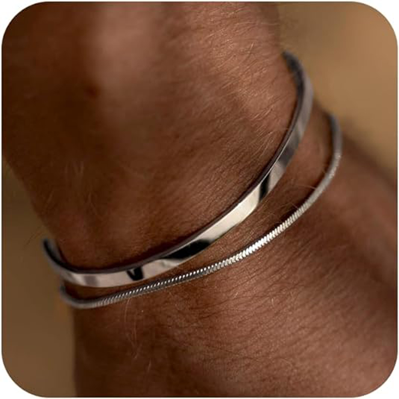 Cufflinks Silver Set - STACKABLE สร้อยข้อมือสําหรับชาย,925 เงินสเตอร์ลิง/14K Gold Plated สร้อยข้อมือชุด