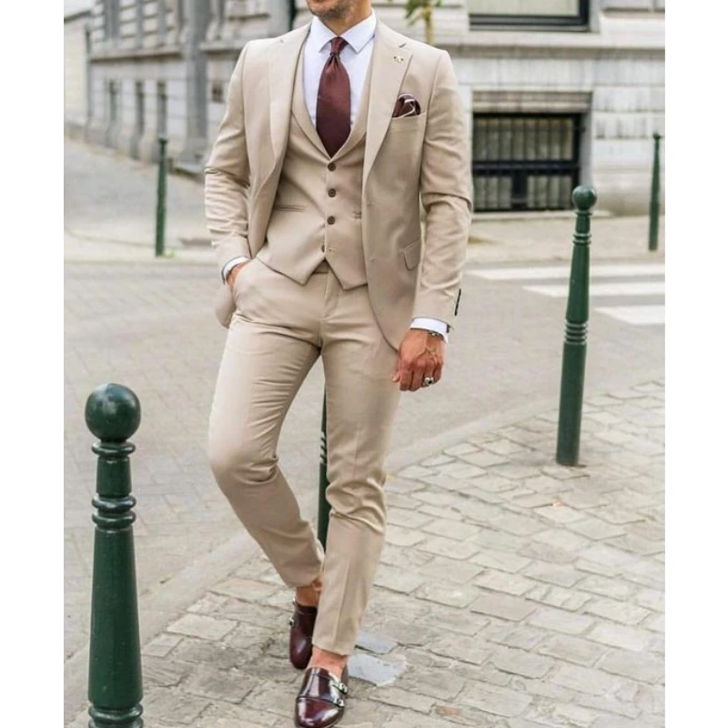 Men Formal Wear Wedding Guest - ชุดสูทผู้ชายแบบปกนอตช์ ทรงเข้ารูป สไตล์ธุรกิจ ชุดสูท 3 ชิ้น