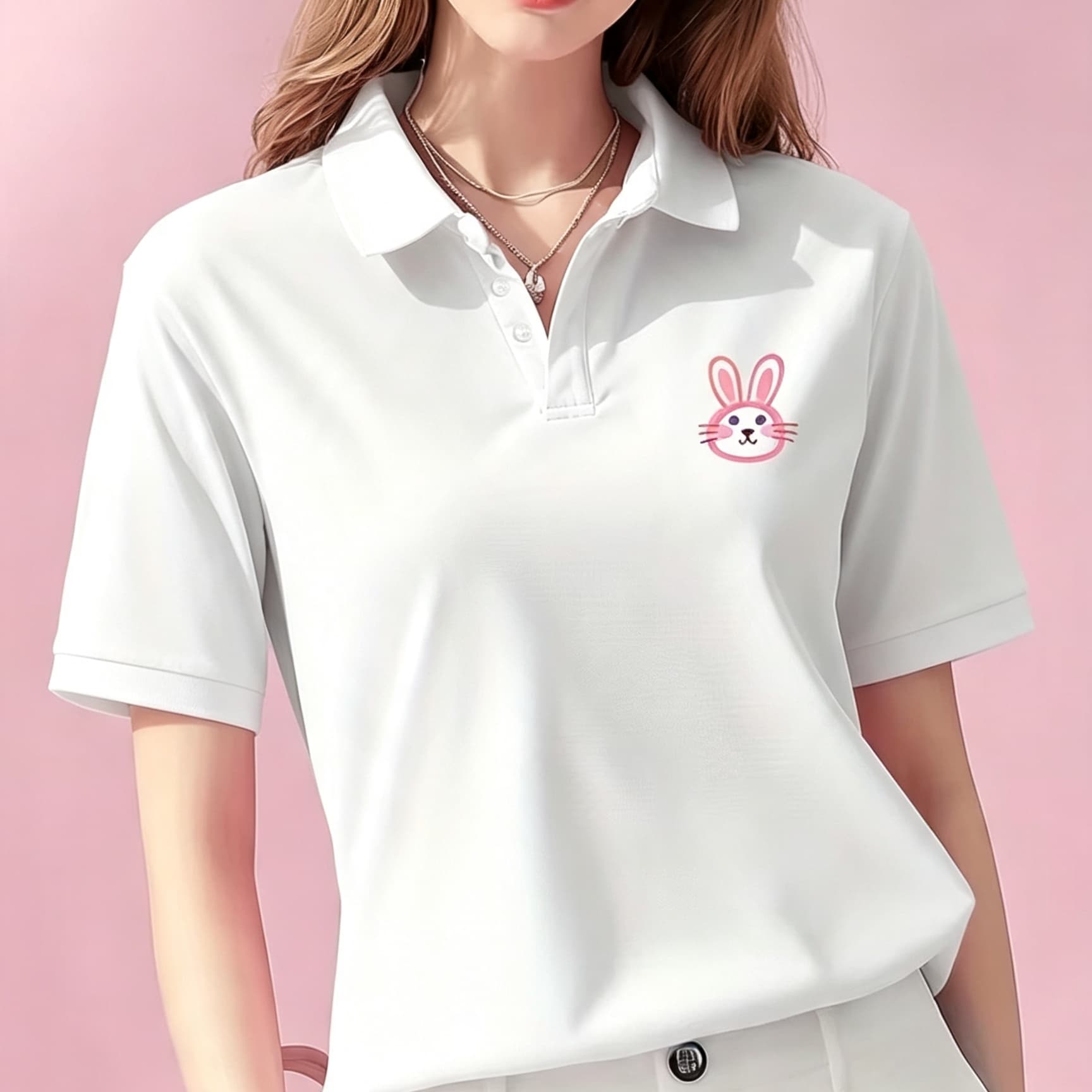Men Formal Wear For Summer - เสื้อโปโลคอปกสีดำแบบยูนิเซ็กส์ ลายกราฟิกกระต่ายสีชมพูน่ารัก แขนสั้น เนื้อผ้านุ่ม ระบายอากาศได้ดี เหมาะสำหรับใส่ลำลองในชีวิตประจำวันสำหรับทั้งชายและหญิง