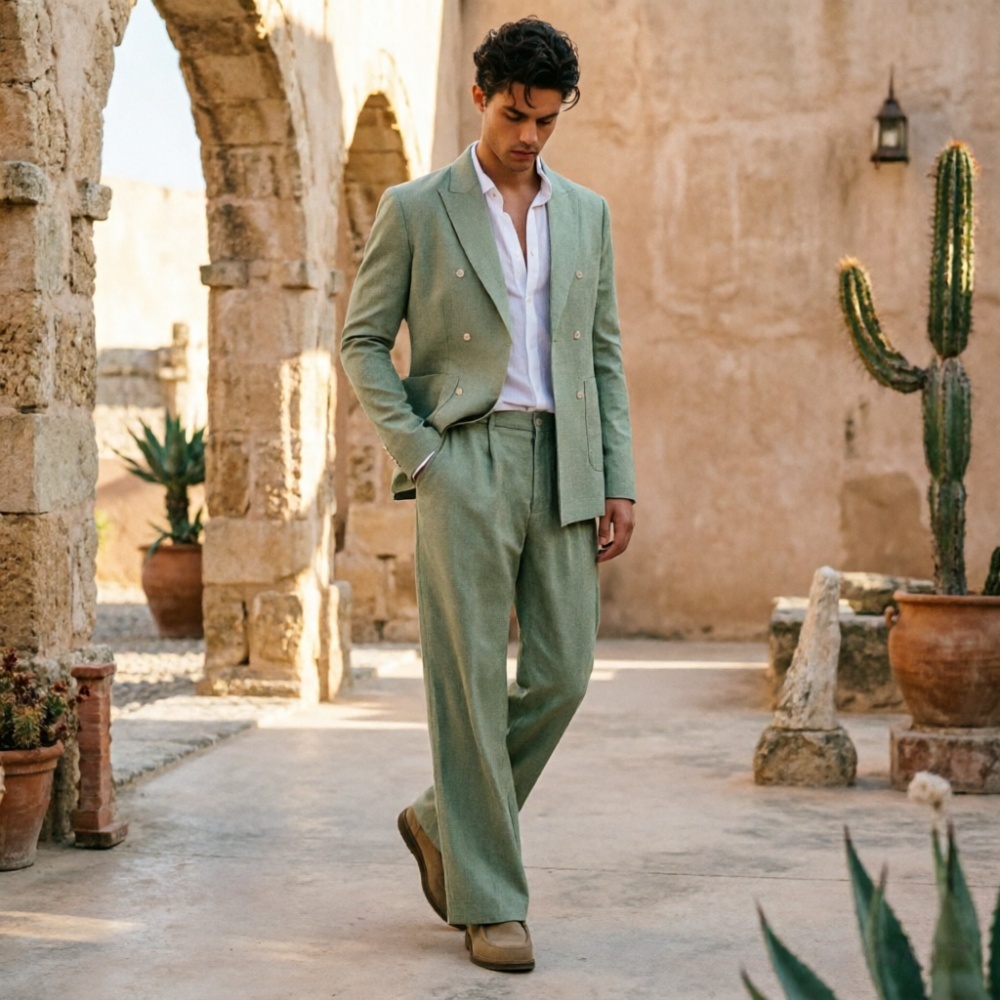 Men Formal Wear Wedding Guest - ชุดสูทผู้ชายสีเขียวเซจ ผ้าลินิน ทรงหลวม กระดุมสองแถว 2 ชิ้น