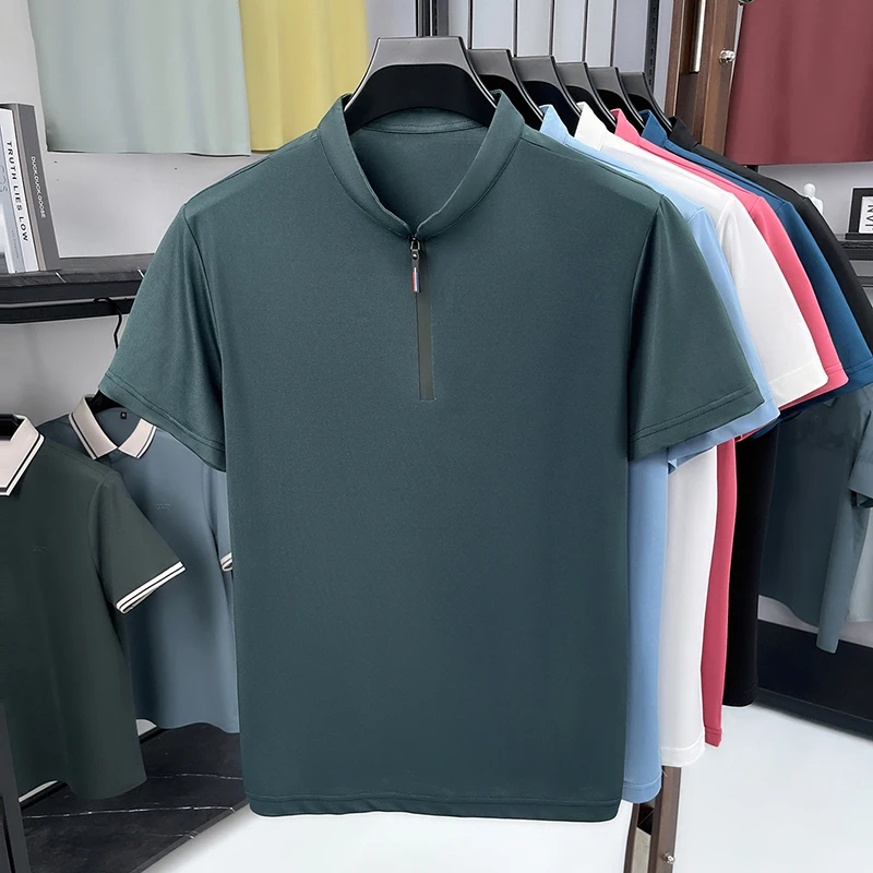 Men'S Polo Formal Wear - เสื้อเชิ้ตผู้ชายแบบทางการ คอตั้ง ซิปครึ่งตัว แขนสั้น ผ้าไหมน้ำแข็ง ระบายอากาศได้ดี
