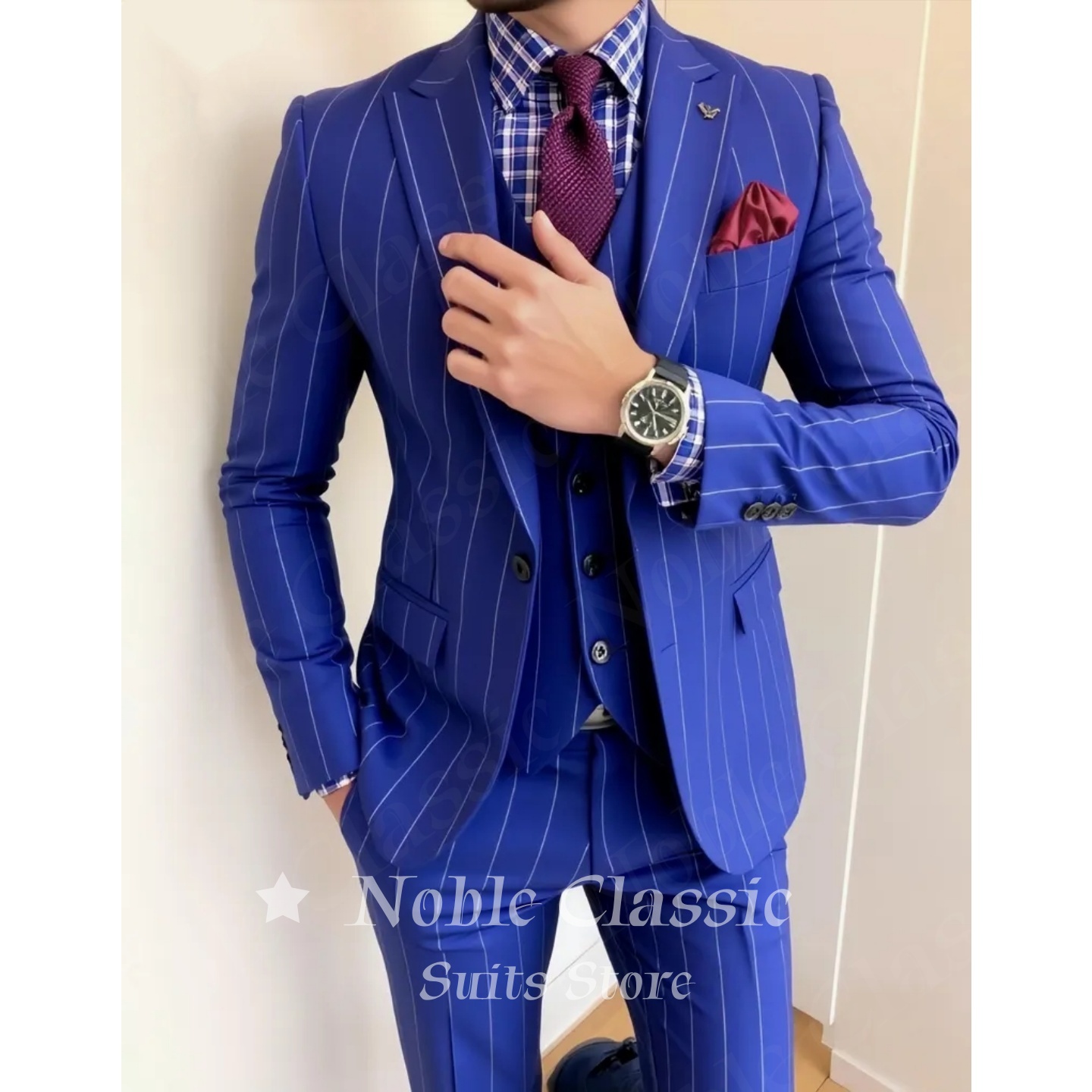 ชุดสูทผู้ชายสีน้ำเงินลายทาง 3  - Men Formal Wear Wedding Guest บทวิจารณ์และราคา