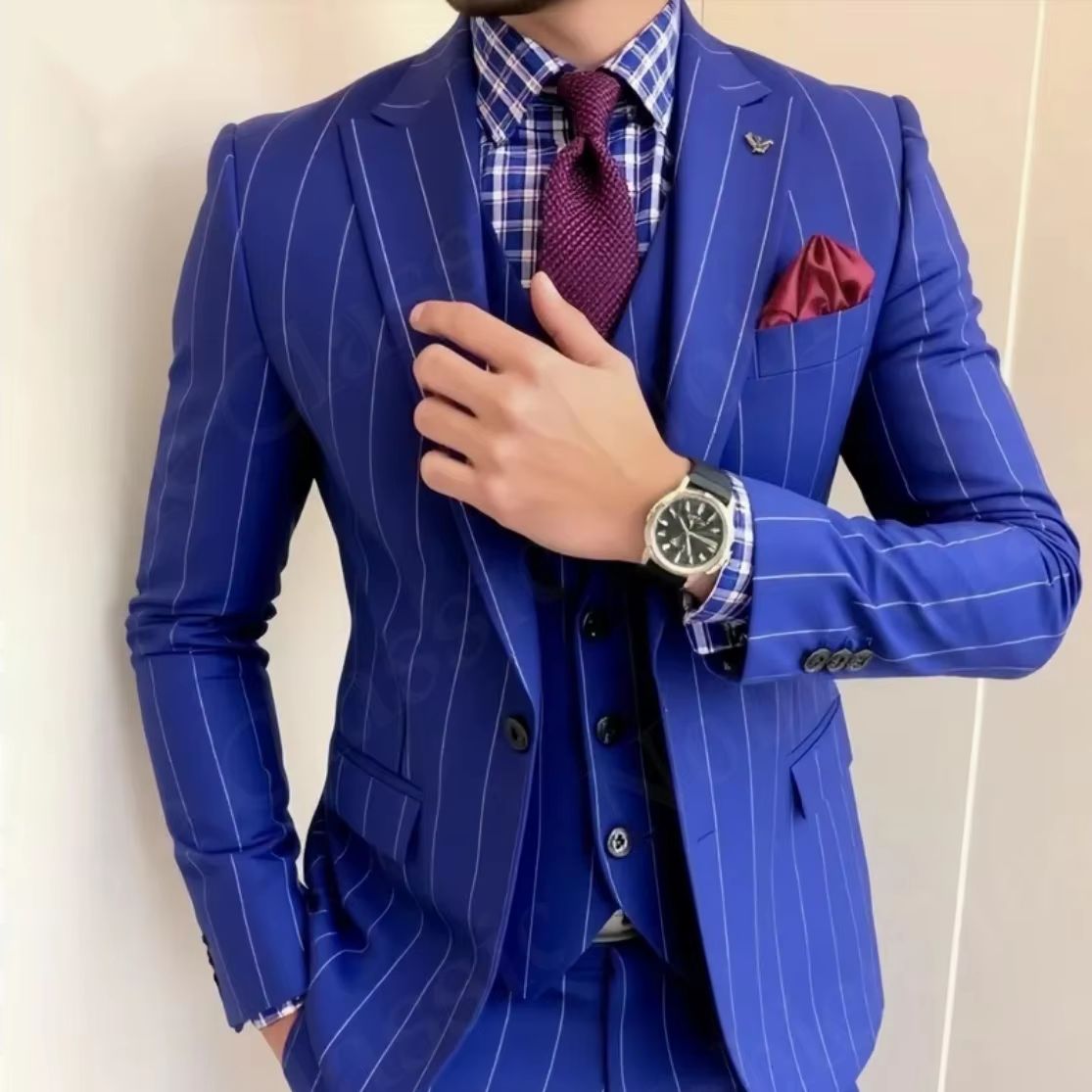 ชุดสูทผู้ชายสีน้ำเงินลายทาง 3  - Men Formal Wear Wedding Guest บทวิจารณ์และราคา